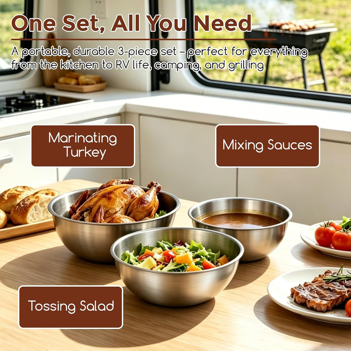 Gronivex Stainless Steel Mixing Bowls Set, 3-Piece (1.5, 2.2 & 3.4 Qt) | Food-Grade Metal, Dishwasher safe，Stackable Nesting & Space-Saving – For Kitchen Baking, Salads, Meal Prep, RV & Camping