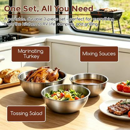 Gronivex Stainless Steel Mixing Bowls Set, 3-Piece (1.5, 2.2 & 3.4 Qt) | Food-Grade Metal, Dishwasher safe，Stackable Nesting & Space-Saving – For Kitchen Baking, Salads, Meal Prep, RV & Camping