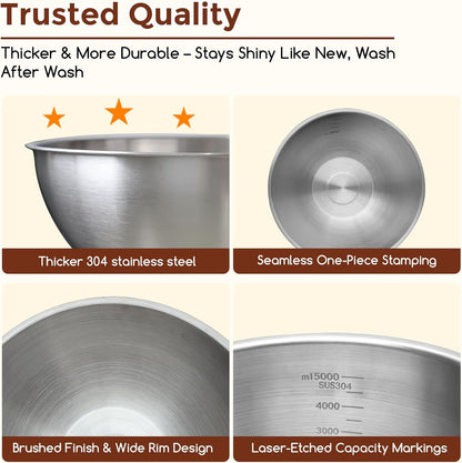 Gronivex Stainless Steel Mixing Bowls Set, 3-Piece (1.5, 2.2 & 3.4 Qt) | Food-Grade Metal, Dishwasher safe，Stackable Nesting & Space-Saving – For Kitchen Baking, Salads, Meal Prep, RV & Camping