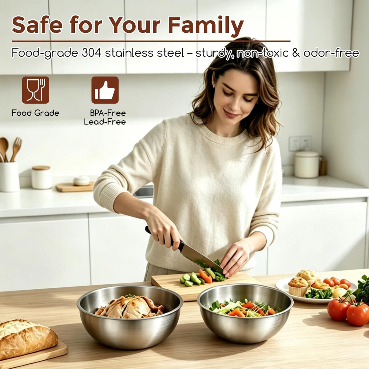 Gronivex Stainless Steel Mixing Bowls Set, 3-Piece (1.5, 2.2 & 3.4 Qt) | Food-Grade Metal, Dishwasher safe，Stackable Nesting & Space-Saving – For Kitchen Baking, Salads, Meal Prep, RV & Camping
