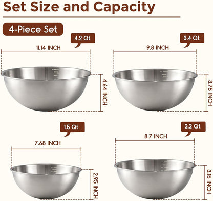Gronivex Stainless Steel Mixing Bowls Set, 3-Piece (1.5, 2.2 & 3.4 Qt) | Food-Grade Metal, Dishwasher safe，Stackable Nesting & Space-Saving – For Kitchen Baking, Salads, Meal Prep, RV & Camping