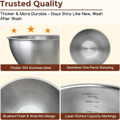 Gronivex Stainless Steel Mixing Bowls Set, 3-Piece (1.5, 2.2 & 3.4 Qt) | Food-Grade Metal, Dishwasher safe，Stackable Nesting & Space-Saving – For Kitchen Baking, Salads, Meal Prep, RV & Camping