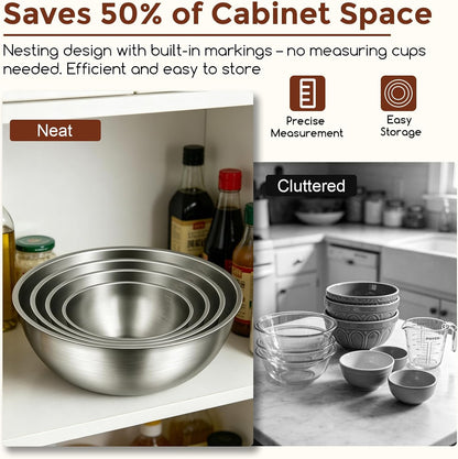 Gronivex Stainless Steel Mixing Bowls Set, 3-Piece (1.5, 2.2 & 3.4 Qt) | Food-Grade Metal, Dishwasher safe，Stackable Nesting & Space-Saving – For Kitchen Baking, Salads, Meal Prep, RV & Camping