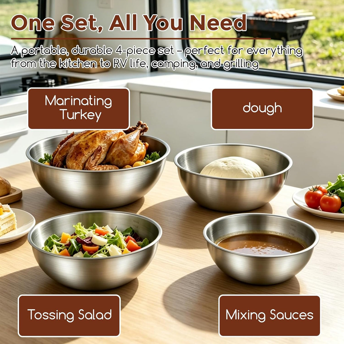 Gronivex Stainless Steel Mixing Bowls Set, 3-Piece (1.5, 2.2 & 3.4 Qt) | Food-Grade Metal, Dishwasher safe，Stackable Nesting & Space-Saving – For Kitchen Baking, Salads, Meal Prep, RV & Camping