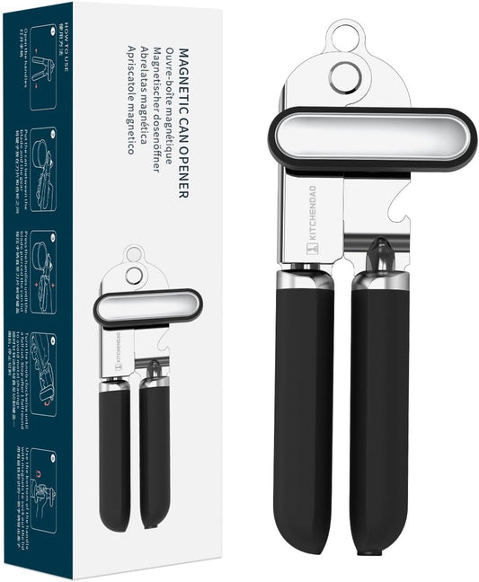 Manual Can Opener, Super Sharp Sandvik 12C27 Blade, Handheld Can Opener with Magnet, Smooth Edge Cut, Soft Grip, Oversized Knob for Seniors & Arthritis, Easy to Use, Black