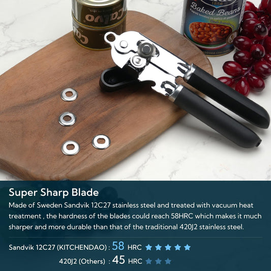 Manual Can Opener, Super Sharp Sandvik 12C27 Blade, Handheld Can Opener with Magnet, Smooth Edge Cut, Soft Grip, Oversized Knob for Seniors & Arthritis, Easy to Use, Black