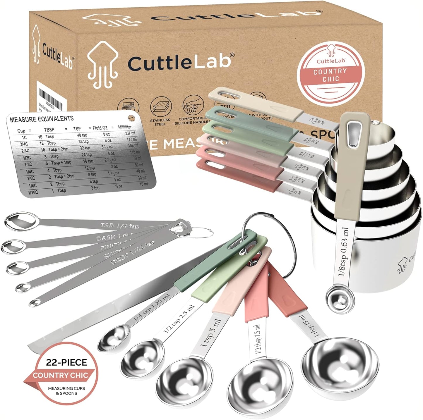 22-Piece Stainless Steel Measuring Cups and Spoons Set, Tad Dash Pinch Smidgen Drop Mini Measuring Spoons, Measuring Stick Leveler, Measurement Conversion Chart Fridge Magnet, (Farmhouse)