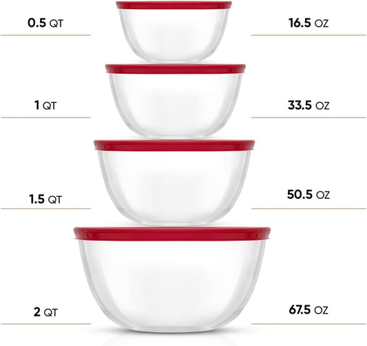 Kitchen Mixing Bowls - 8pc Glass with Lids Set – Neat Nesting Large Bowl Batter Cooking Storage and Big Salad BPA-Free Red