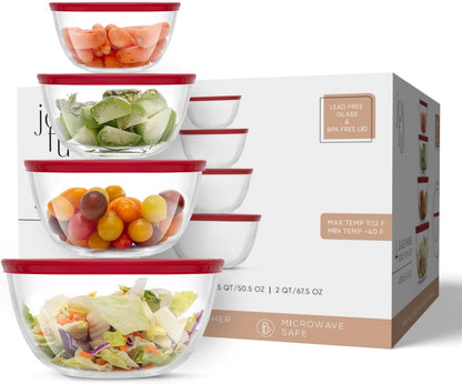 Kitchen Mixing Bowls - 8pc Glass with Lids Set – Neat Nesting Large Bowl Batter Cooking Storage and Big Salad BPA-Free Red