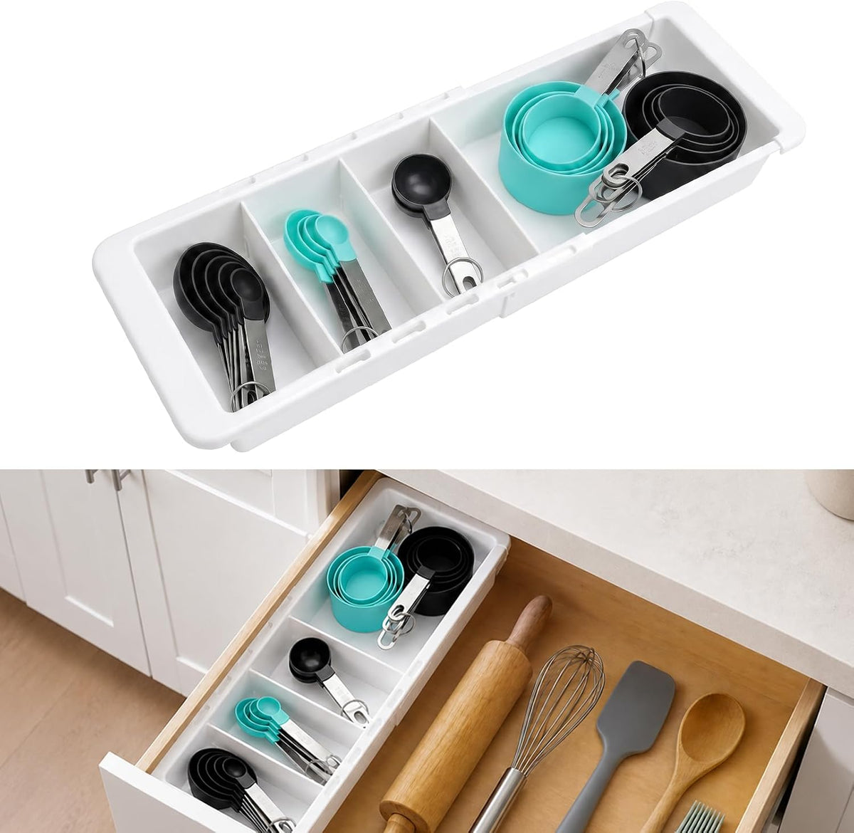 Expandable Measuring Cup Organizer & Measuring Spoon Organizer for Deep Drawers, 11.4''–18.1'' Adjustable Kitchen Drawer Organizer with 3 Dividers, Space-Saving Flatware Bin for Home & Kitchen