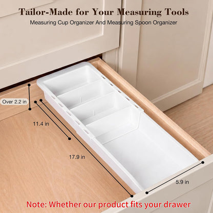 Expandable Measuring Cup Organizer & Measuring Spoon Organizer for Deep Drawers, 11.4''–18.1'' Adjustable Kitchen Drawer Organizer with 3 Dividers, Space-Saving Flatware Bin for Home & Kitchen
