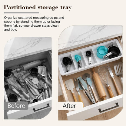 Expandable Measuring Cup Organizer & Measuring Spoon Organizer for Deep Drawers, 11.4''–18.1'' Adjustable Kitchen Drawer Organizer with 3 Dividers, Space-Saving Flatware Bin for Home & Kitchen
