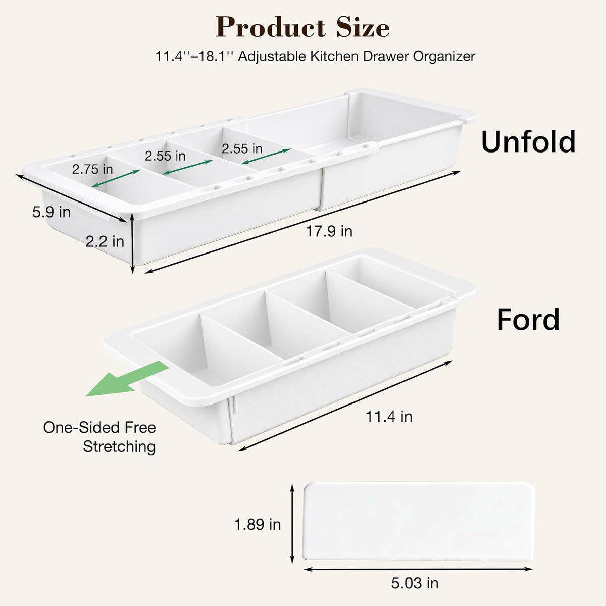 Expandable Measuring Cup Organizer & Measuring Spoon Organizer for Deep Drawers, 11.4''–18.1'' Adjustable Kitchen Drawer Organizer with 3 Dividers, Space-Saving Flatware Bin for Home & Kitchen