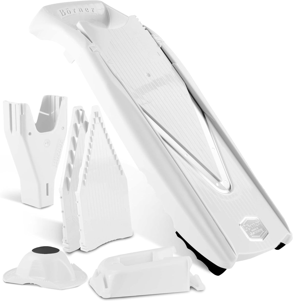 Mandoline Food Slicer V5 (Profi Set) by Reston Lloyd • V-Slicer with 4 Inserts, Docking Station & Food Holder • Made in Germany • Fruit & Vegetable Chopper • Multiple Settings • Color: White