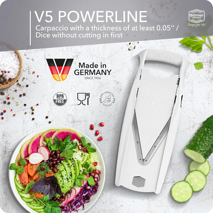 Mandoline Food Slicer V5 (Profi Set) by Reston Lloyd • V-Slicer with 4 Inserts, Docking Station & Food Holder • Made in Germany • Fruit & Vegetable Chopper • Multiple Settings • Color: White