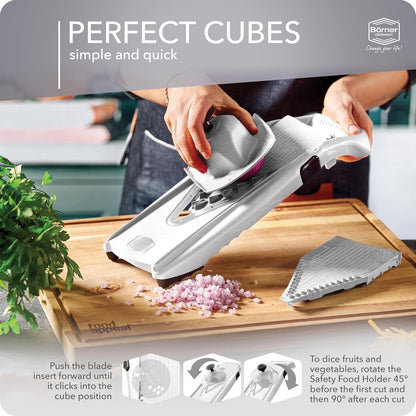 Mandoline Food Slicer V5 (Profi Set) by Reston Lloyd • V-Slicer with 4 Inserts, Docking Station & Food Holder • Made in Germany • Fruit & Vegetable Chopper • Multiple Settings • Color: White