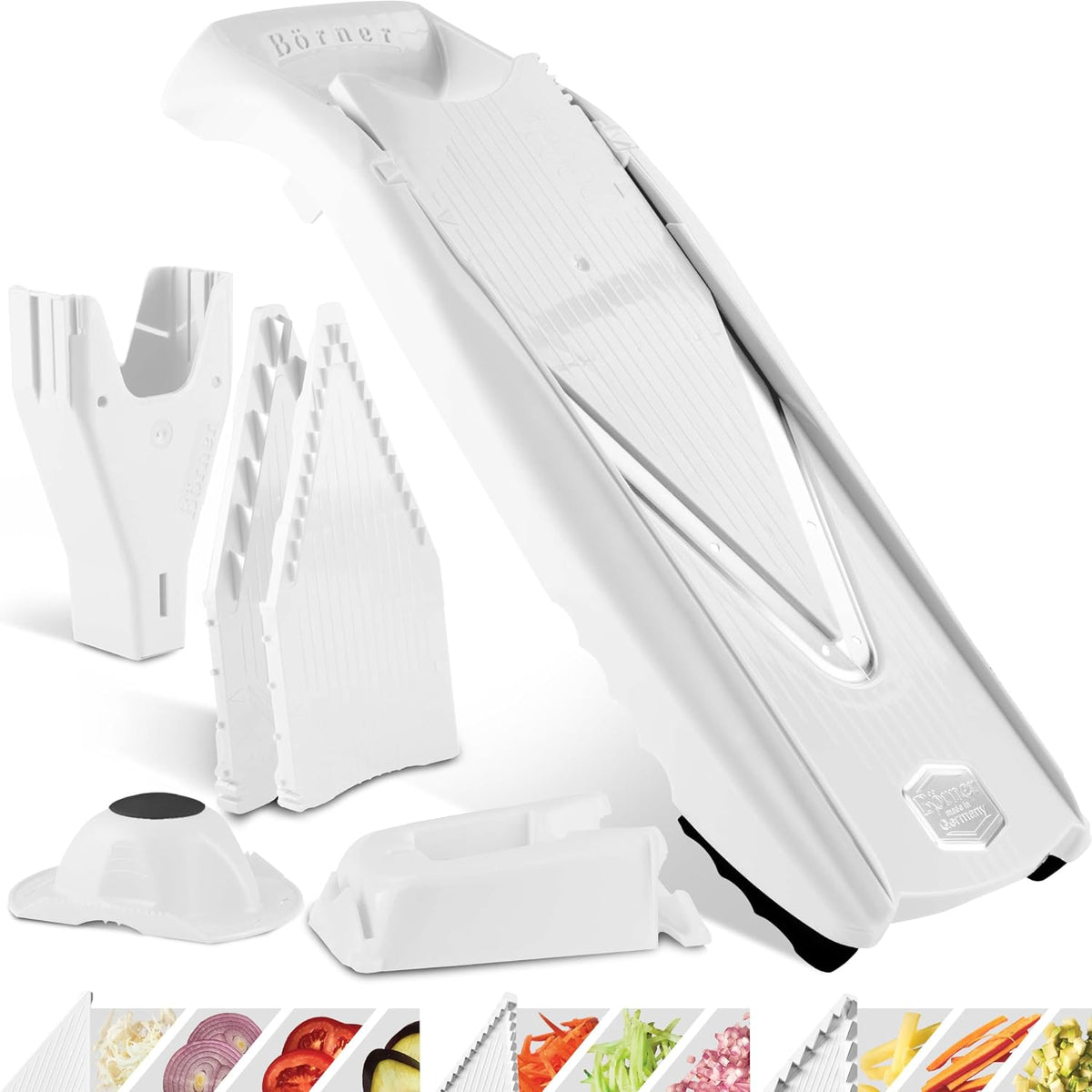 Mandoline Food Slicer V5 (Profi Set) by Reston Lloyd • V-Slicer with 4 Inserts, Docking Station & Food Holder • Made in Germany • Fruit & Vegetable Chopper • Multiple Settings • Color: White