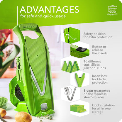 Mandoline Food Slicer V5 (Profi Set) by Reston Lloyd • V-Slicer with 4 Inserts, Docking Station & Food Holder • Made in Germany • Fruit & Vegetable Chopper • Multiple Settings • Color: White