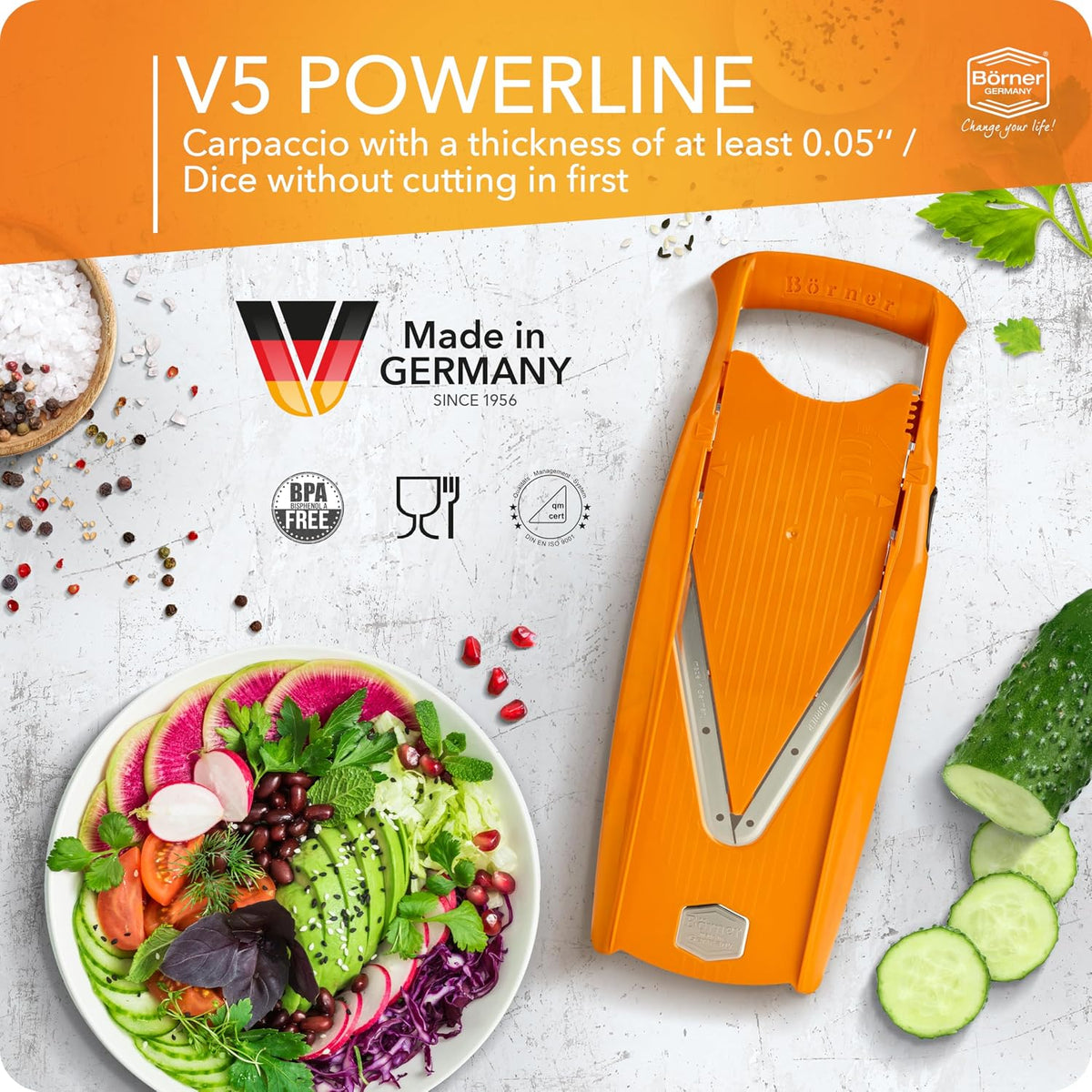 Mandoline Food Slicer V5 (Profi Set) by Reston Lloyd • V-Slicer with 4 Inserts, Docking Station & Food Holder • Made in Germany • Fruit & Vegetable Chopper • Multiple Settings • Color: White