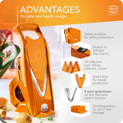 Mandoline Food Slicer V5 (Profi Set) by Reston Lloyd • V-Slicer with 4 Inserts, Docking Station & Food Holder • Made in Germany • Fruit & Vegetable Chopper • Multiple Settings • Color: White