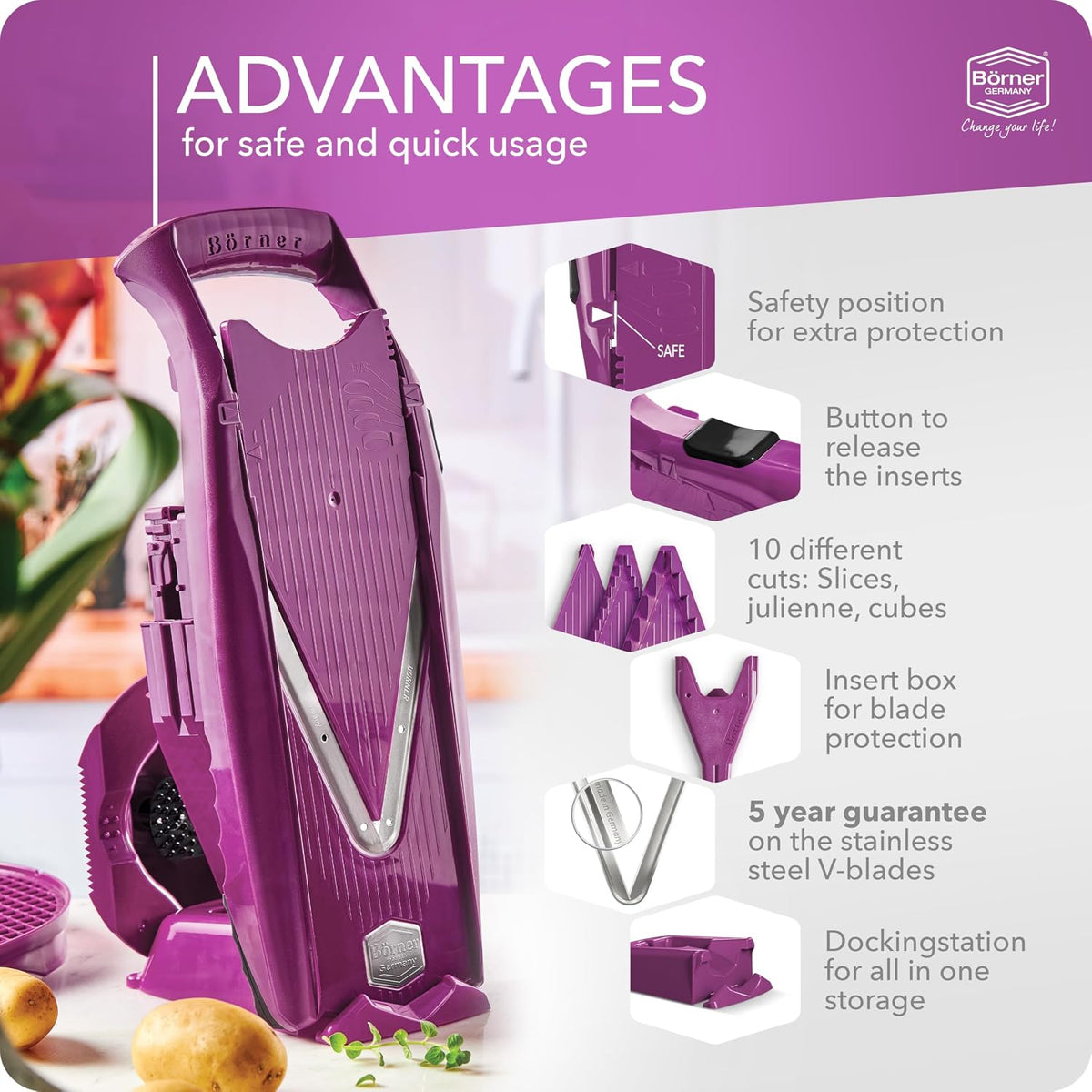Mandoline Food Slicer V5 (Profi Set) by Reston Lloyd • V-Slicer with 4 Inserts, Docking Station & Food Holder • Made in Germany • Fruit & Vegetable Chopper • Multiple Settings • Color: White
