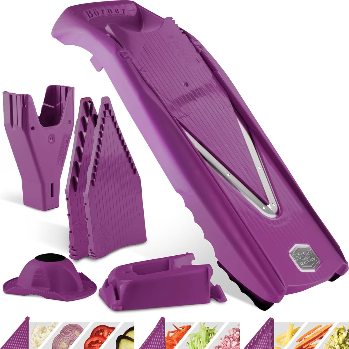 Mandoline Food Slicer V5 (Profi Set) by Reston Lloyd • V-Slicer with 4 Inserts, Docking Station & Food Holder • Made in Germany • Fruit & Vegetable Chopper • Multiple Settings • Color: White