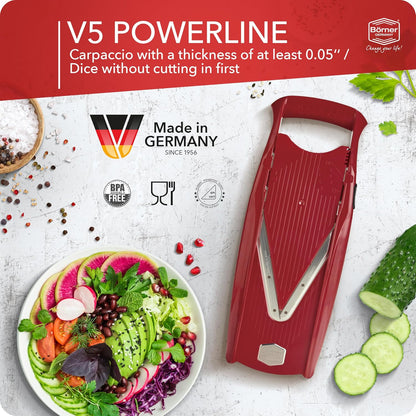 Mandoline Food Slicer V5 (Profi Set) by Reston Lloyd • V-Slicer with 4 Inserts, Docking Station & Food Holder • Made in Germany • Fruit & Vegetable Chopper • Multiple Settings • Color: White