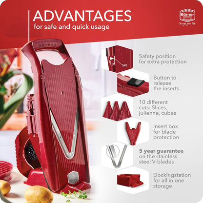 Mandoline Food Slicer V5 (Profi Set) by Reston Lloyd • V-Slicer with 4 Inserts, Docking Station & Food Holder • Made in Germany • Fruit & Vegetable Chopper • Multiple Settings • Color: White