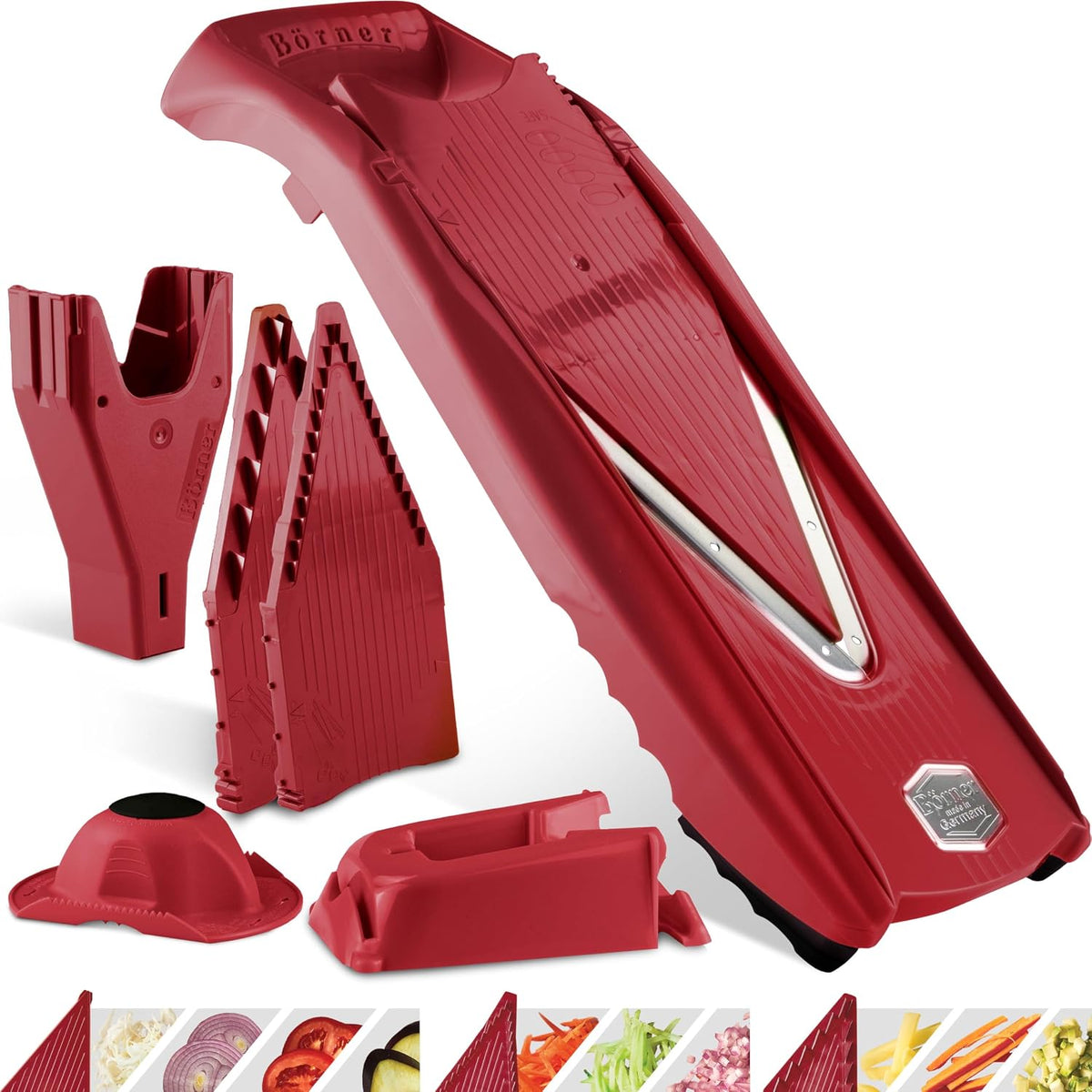 Mandoline Food Slicer V5 (Profi Set) by Reston Lloyd • V-Slicer with 4 Inserts, Docking Station & Food Holder • Made in Germany • Fruit & Vegetable Chopper • Multiple Settings • Color: White