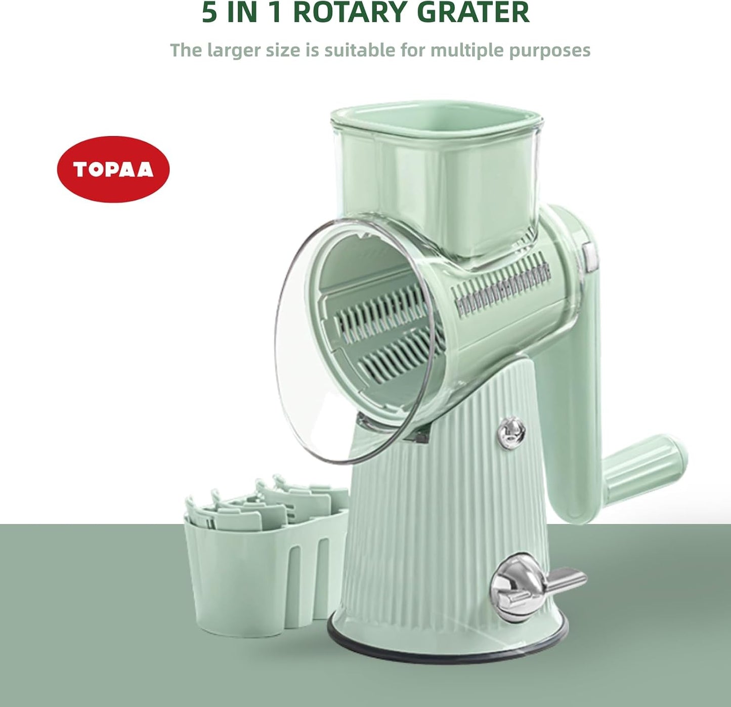 Rotary Cheese Grater with Handle - Vegetable Shredder with 5 Blades & Strong Suction Base, Round Slicer & Food Chopper for Kitchen (Green)