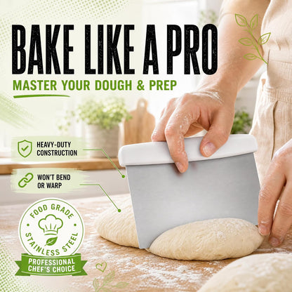 Stainless Steel Dough Cutter and Bench Scraper with White Plastic Handle - Pastry Scraper and Dough Divider for Bread, Pizza, Pastry, Baking Prep, and for Kitchen Use (5 7/8" x 4 1/4")