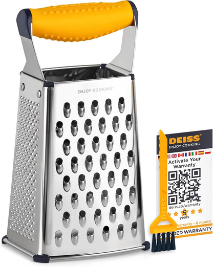 Deiss PRO Box Grater & Cheese Graters for Kitchen - Stainless Steel Cheese Grater and Food Shredder, 4 Sided Hand Grater for Block Cheese, Vegetables Non-Slip Base, Dishwasher Safe