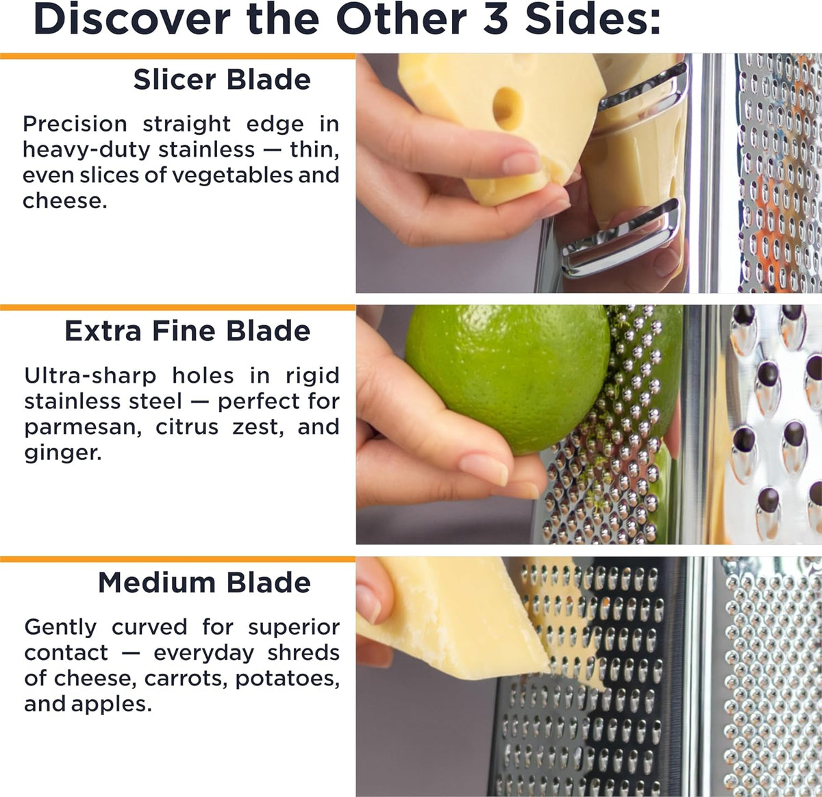 Deiss PRO Box Grater & Cheese Graters for Kitchen - Stainless Steel Cheese Grater and Food Shredder, 4 Sided Hand Grater for Block Cheese, Vegetables Non-Slip Base, Dishwasher Safe
