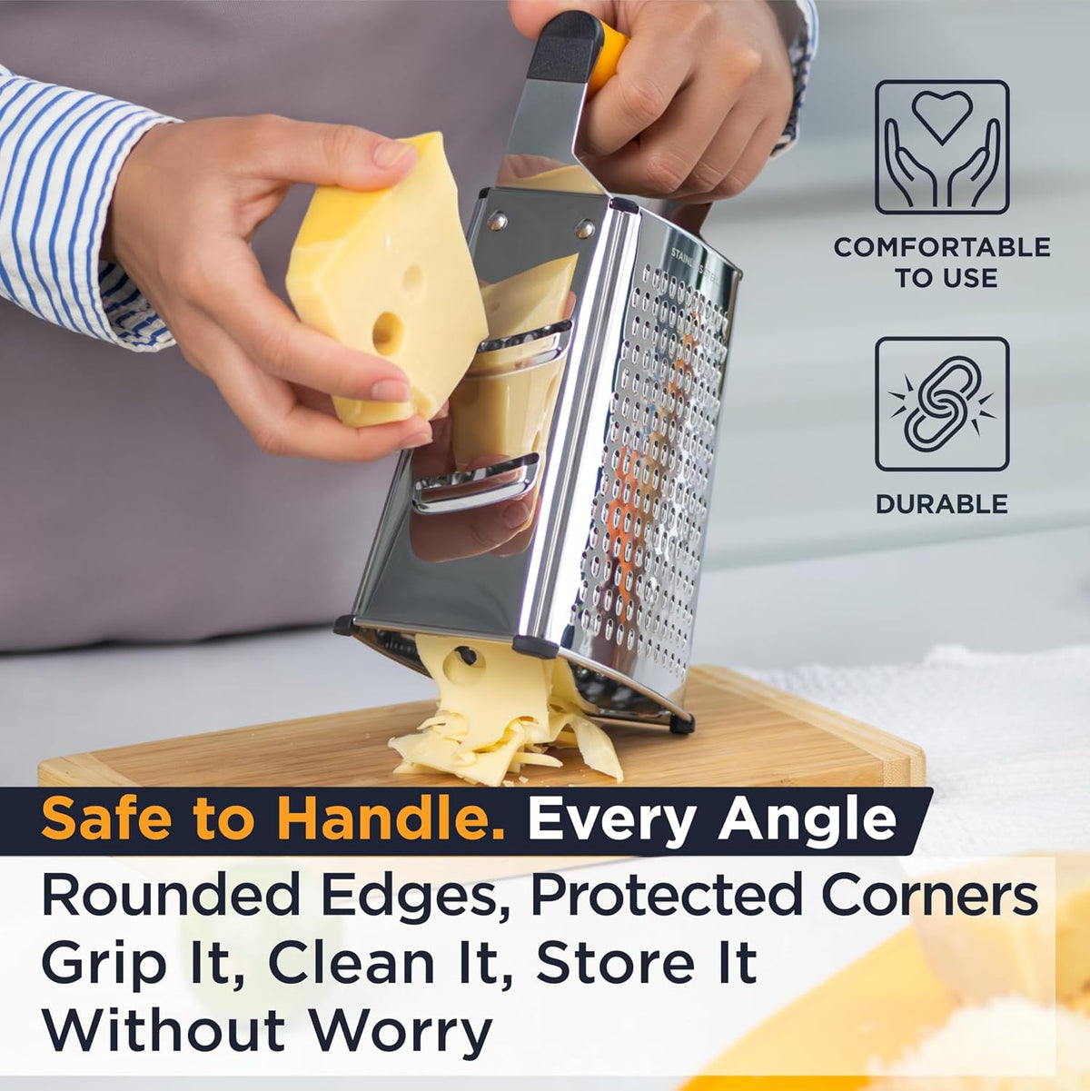 Deiss PRO Box Grater & Cheese Graters for Kitchen - Stainless Steel Cheese Grater and Food Shredder, 4 Sided Hand Grater for Block Cheese, Vegetables Non-Slip Base, Dishwasher Safe