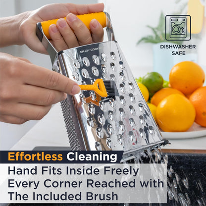 Deiss PRO Box Grater & Cheese Graters for Kitchen - Stainless Steel Cheese Grater and Food Shredder, 4 Sided Hand Grater for Block Cheese, Vegetables Non-Slip Base, Dishwasher Safe