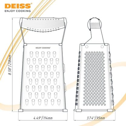 Deiss PRO Box Grater & Cheese Graters for Kitchen - Stainless Steel Cheese Grater and Food Shredder, 4 Sided Hand Grater for Block Cheese, Vegetables Non-Slip Base, Dishwasher Safe