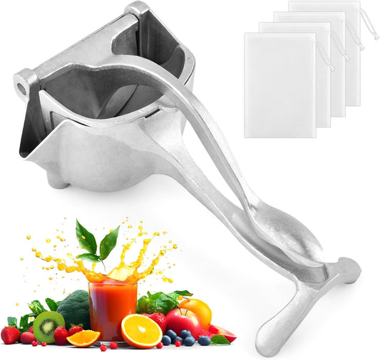 Manual Citrus Juicer Hand Press for Lemons, Limes & Oranges | 4 reusable filter bags for smoother juice, less pulp, and cleaner pouring