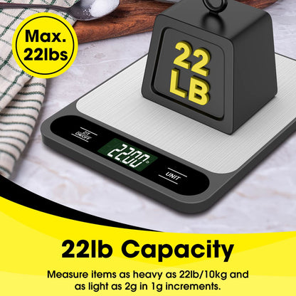 Food Scale, 10kg/22lb Digital Kitchen Scale Weight Grams and Ounces for Baking Cooking Coffee Package Postage, 6 Units with Tare Function, LCD Display, Easy Clean Stainless Steel