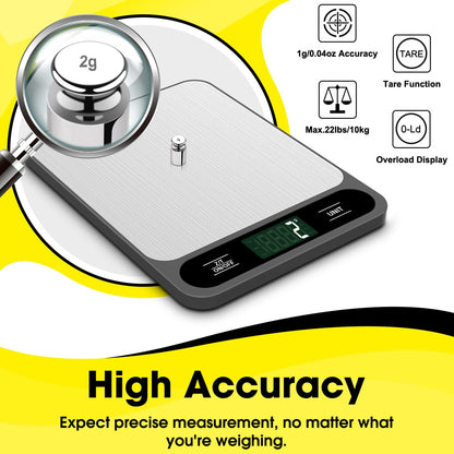 Food Scale, 10kg/22lb Digital Kitchen Scale Weight Grams and Ounces for Baking Cooking Coffee Package Postage, 6 Units with Tare Function, LCD Display, Easy Clean Stainless Steel