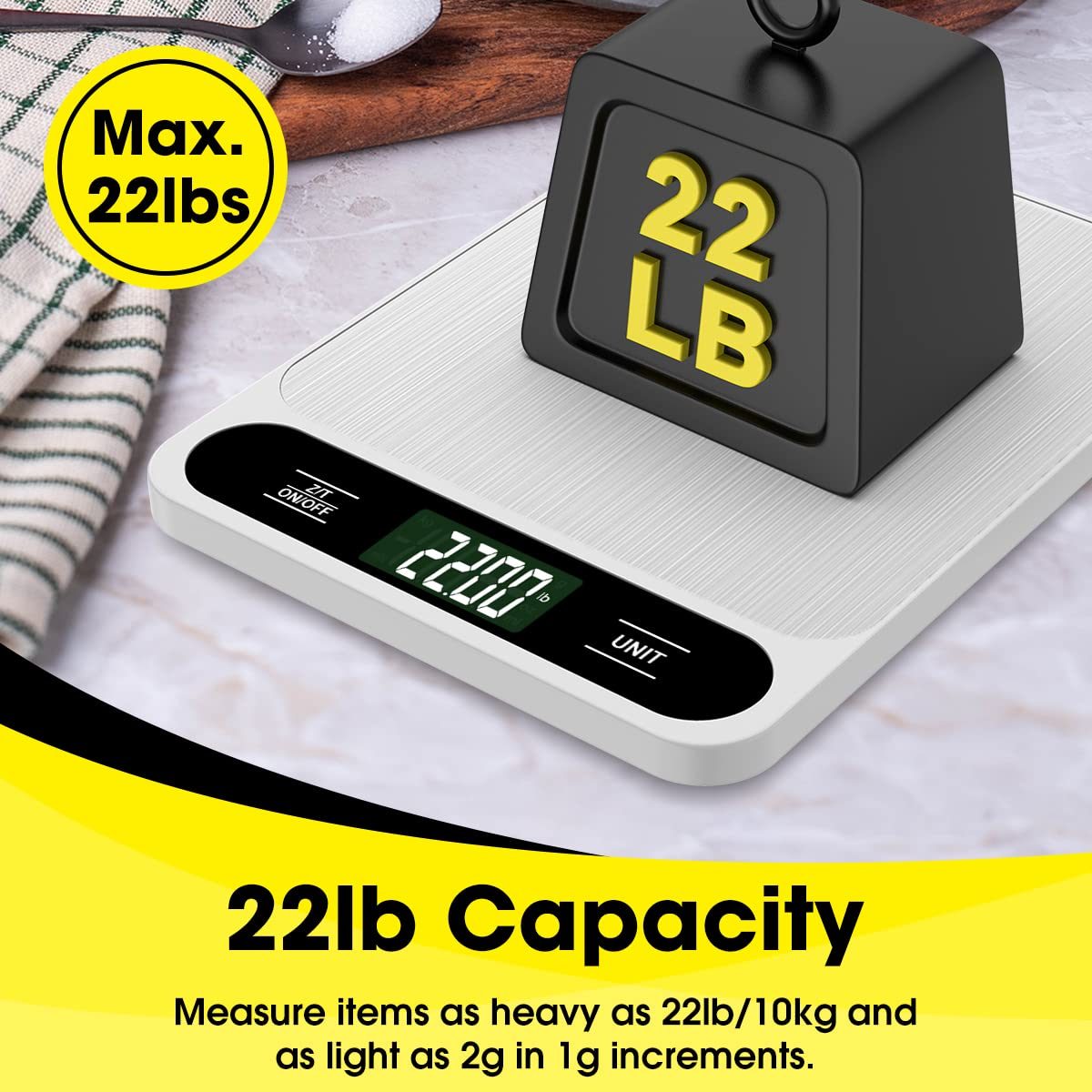 Food Scale, 10kg/22lb Digital Kitchen Scale Weight Grams and Ounces for Baking Cooking Coffee Package Postage, 6 Units with Tare Function, LCD Display, Easy Clean Stainless Steel