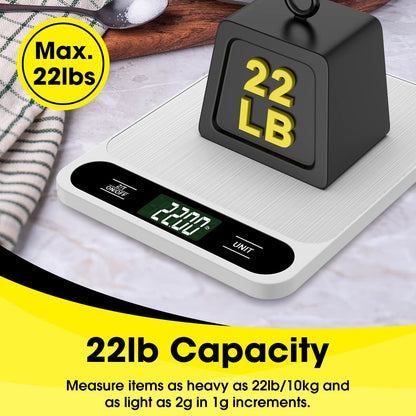 Food Scale, 10kg/22lb Digital Kitchen Scale Weight Grams and Ounces for Baking Cooking Coffee Package Postage, 6 Units with Tare Function, LCD Display, Easy Clean Stainless Steel