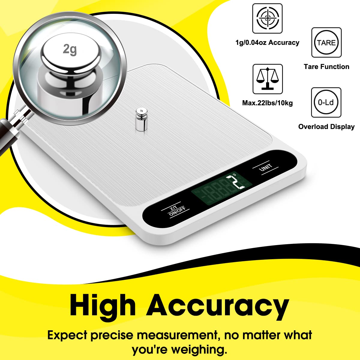 Food Scale, 10kg/22lb Digital Kitchen Scale Weight Grams and Ounces for Baking Cooking Coffee Package Postage, 6 Units with Tare Function, LCD Display, Easy Clean Stainless Steel