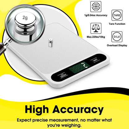Food Scale, 10kg/22lb Digital Kitchen Scale Weight Grams and Ounces for Baking Cooking Coffee Package Postage, 6 Units with Tare Function, LCD Display, Easy Clean Stainless Steel