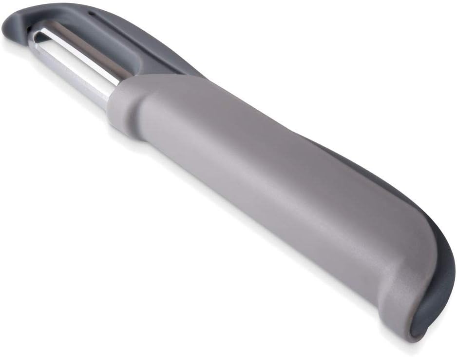 Peel & Slide Double Sided Peeler - Stainless Steel Swivel, Serrated, Julienne Blade for Hard and Soft Skin Fruits and Vegetables (Grey)