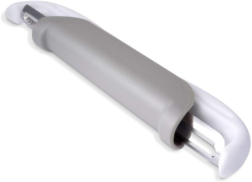 Peel & Slide Double Sided Peeler - Stainless Steel Swivel, Serrated, Julienne Blade for Hard and Soft Skin Fruits and Vegetables (Grey)