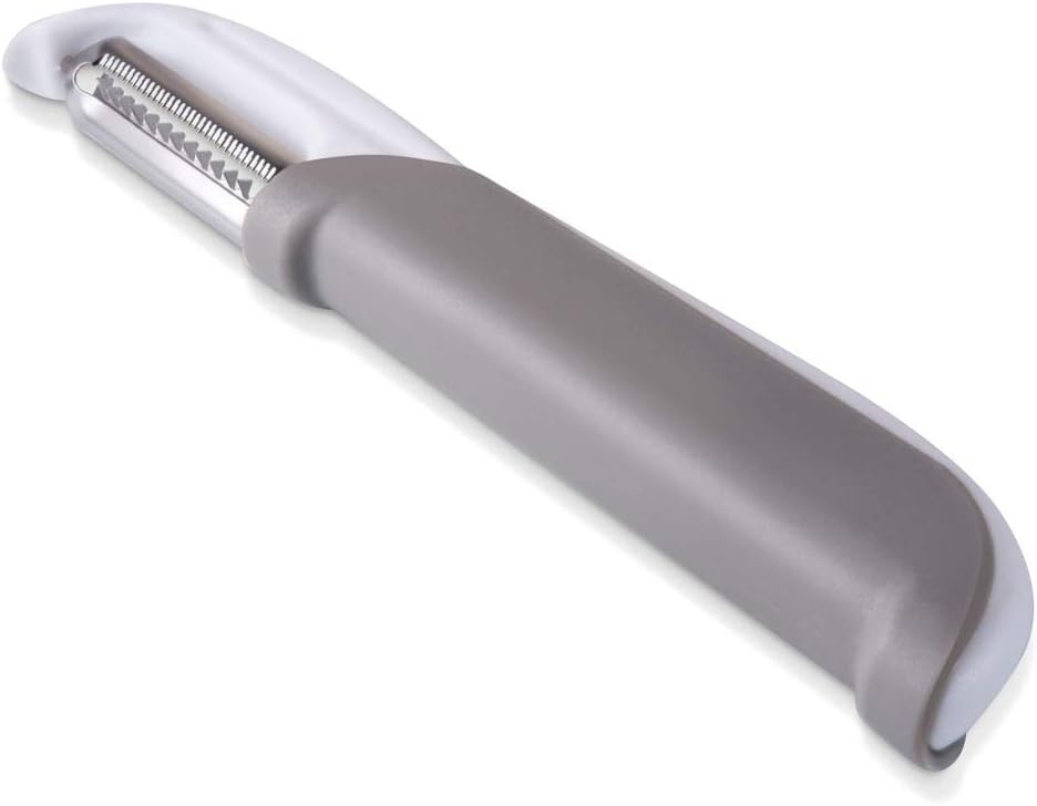 Peel & Slide Double Sided Peeler - Stainless Steel Swivel, Serrated, Julienne Blade for Hard and Soft Skin Fruits and Vegetables (Grey)