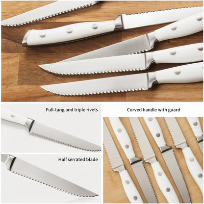 6-Piece Steak Knives Set with Block, 4.7 Inch with Serrated Edge Razor-Sharp Dinner Knives, Full-Tang Construction
