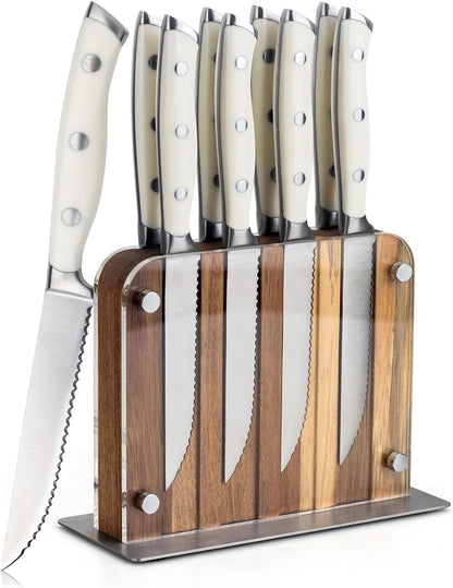 6-Piece Steak Knives Set with Block, 4.7 Inch with Serrated Edge Razor-Sharp Dinner Knives, Full-Tang Construction
