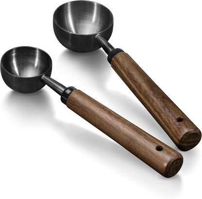 2Pcs Coffee Scoop for Ground Coffee - 1 Tbsp (15ml) & 2 Tbsp (30ml) Tablespoon Scoop, 304 Stainless Steel Coffee Measuring Spoon with Long Walnut Wood Handle, Black