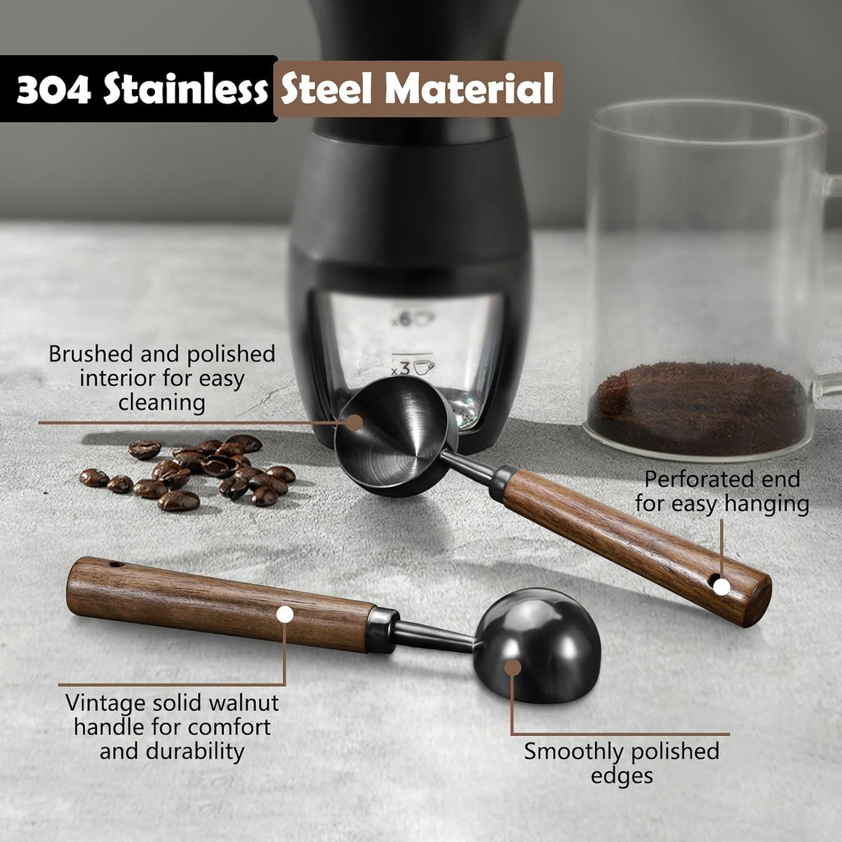 2Pcs Coffee Scoop for Ground Coffee - 1 Tbsp (15ml) & 2 Tbsp (30ml) Tablespoon Scoop, 304 Stainless Steel Coffee Measuring Spoon with Long Walnut Wood Handle, Black